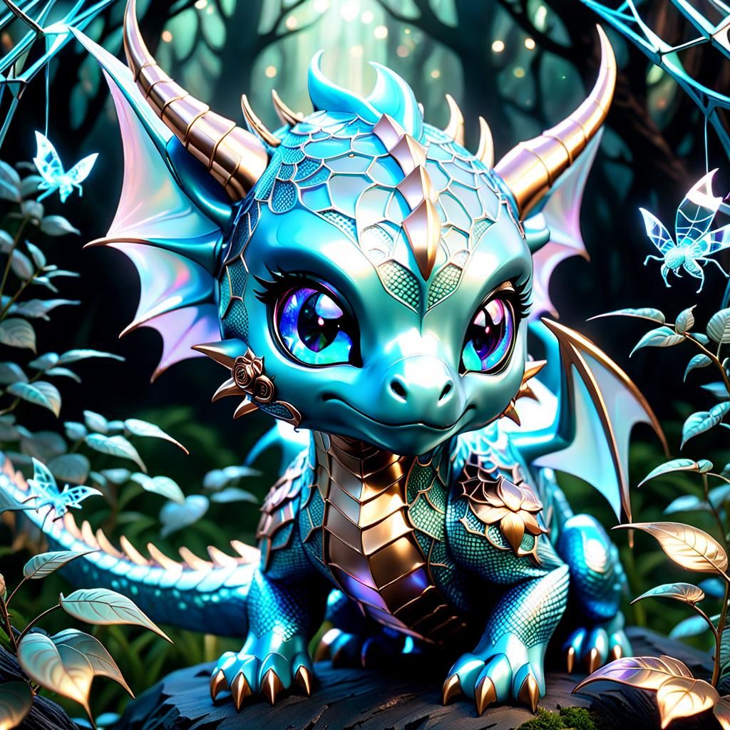 Cute blue & rose gold metal dragon