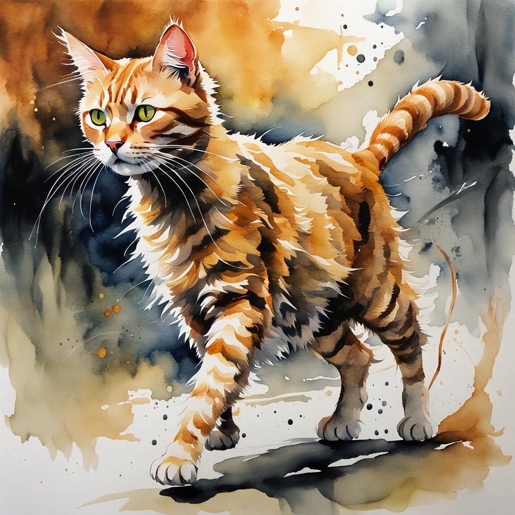 Biomechanical Ginger Cat Watercolor, Fantasy Art Style