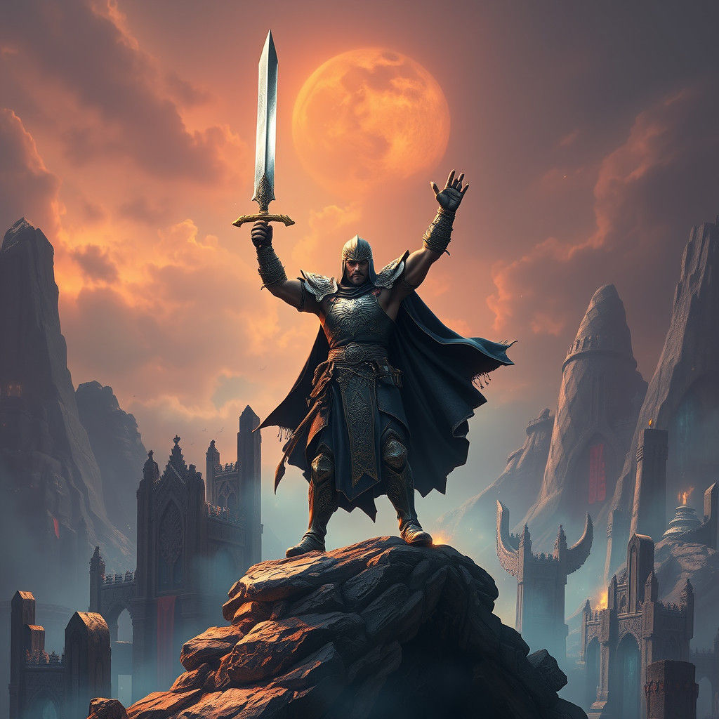 Heroic Warrior Victorious on Ruined Temple