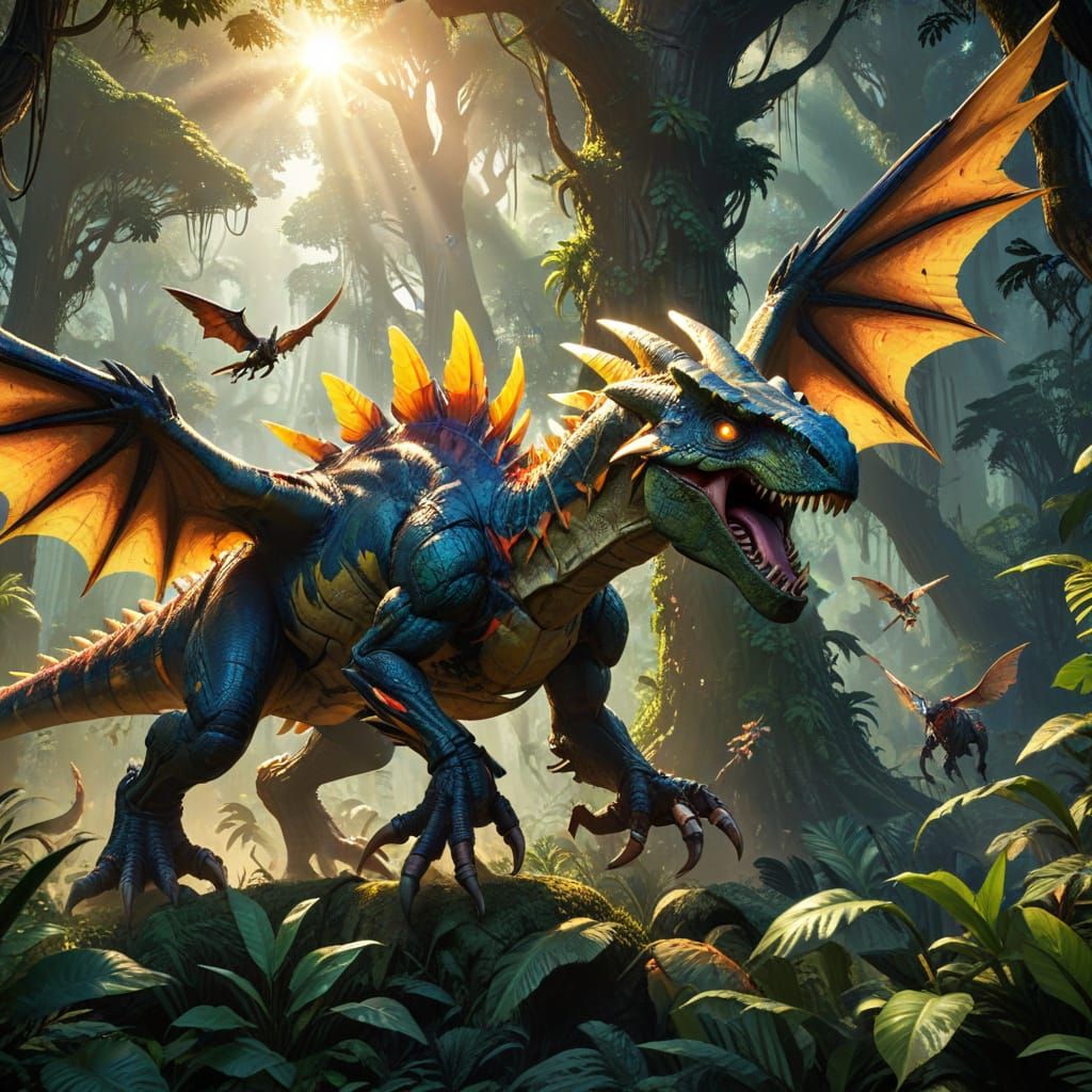 Anime Hybrid Creatures Fight in Prehistoric Jungle