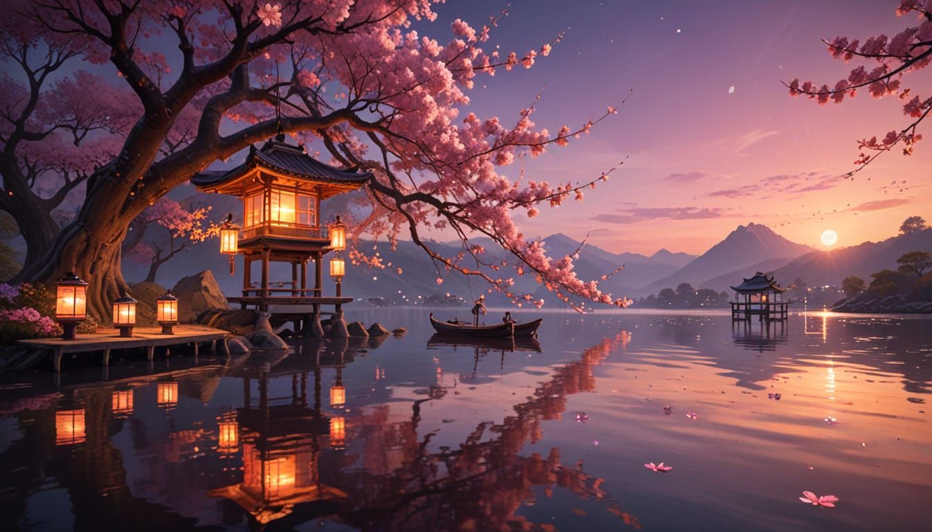 Glowing Lanterns on Ancient Cherry Blossom Tree