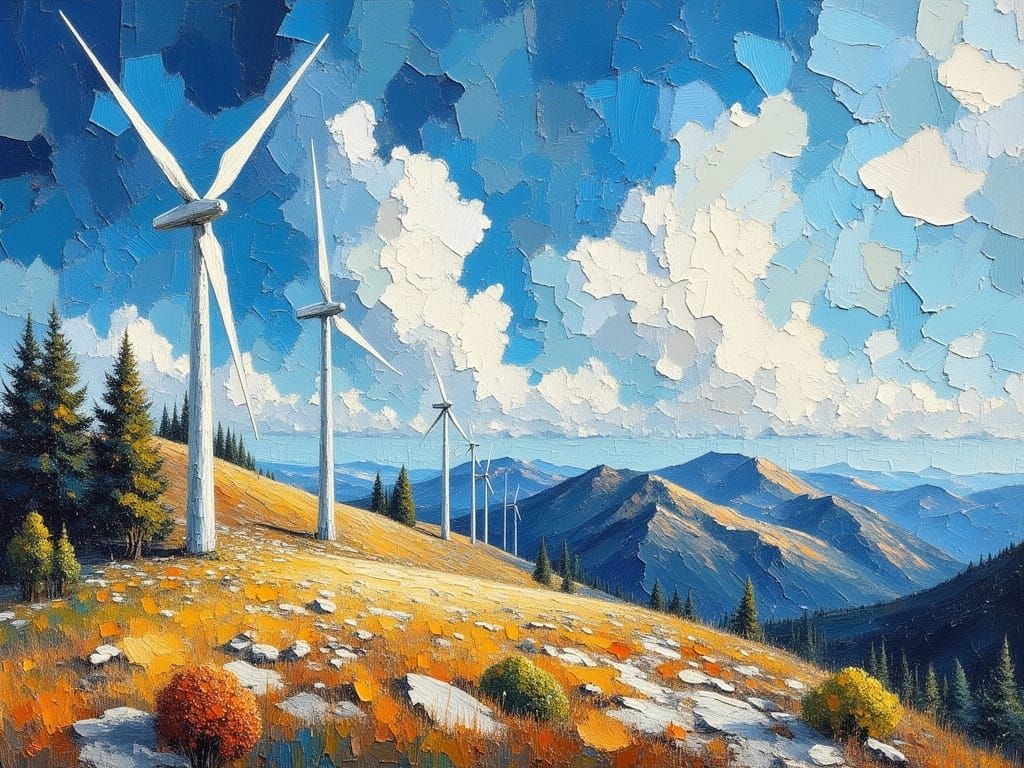 Wind Turbines on Mountain Ridge in Impasto Style
