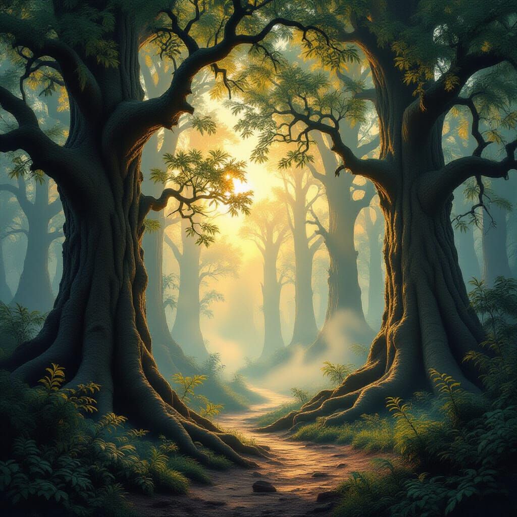 Mystical Forest with Ancient Trees and Golden Sunlight