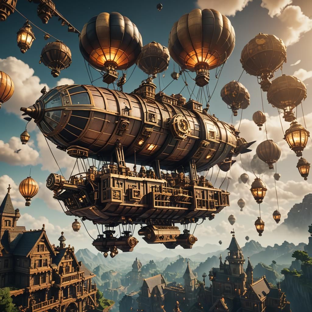 Detailed Steampunk Airship in Minecraft Style