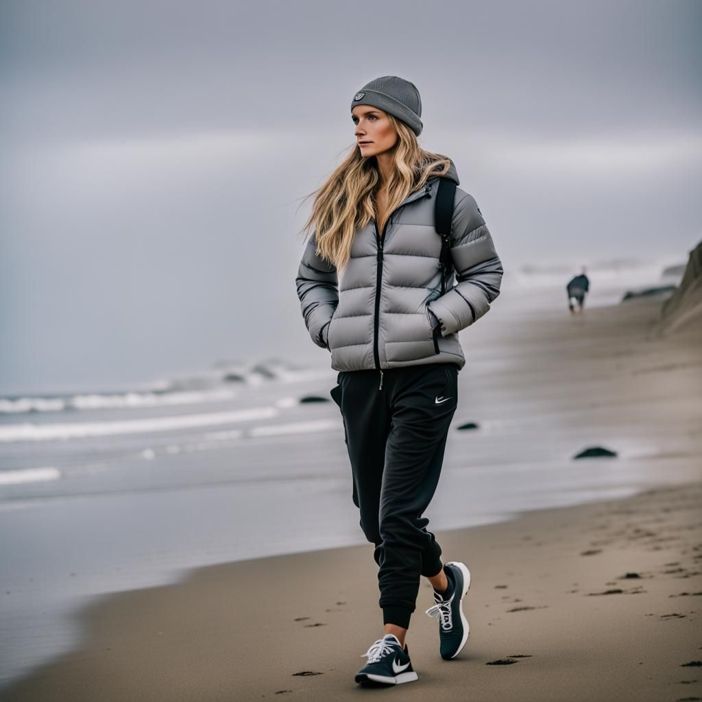 Woman Walking on Encinitas Beach, Realistic Photo