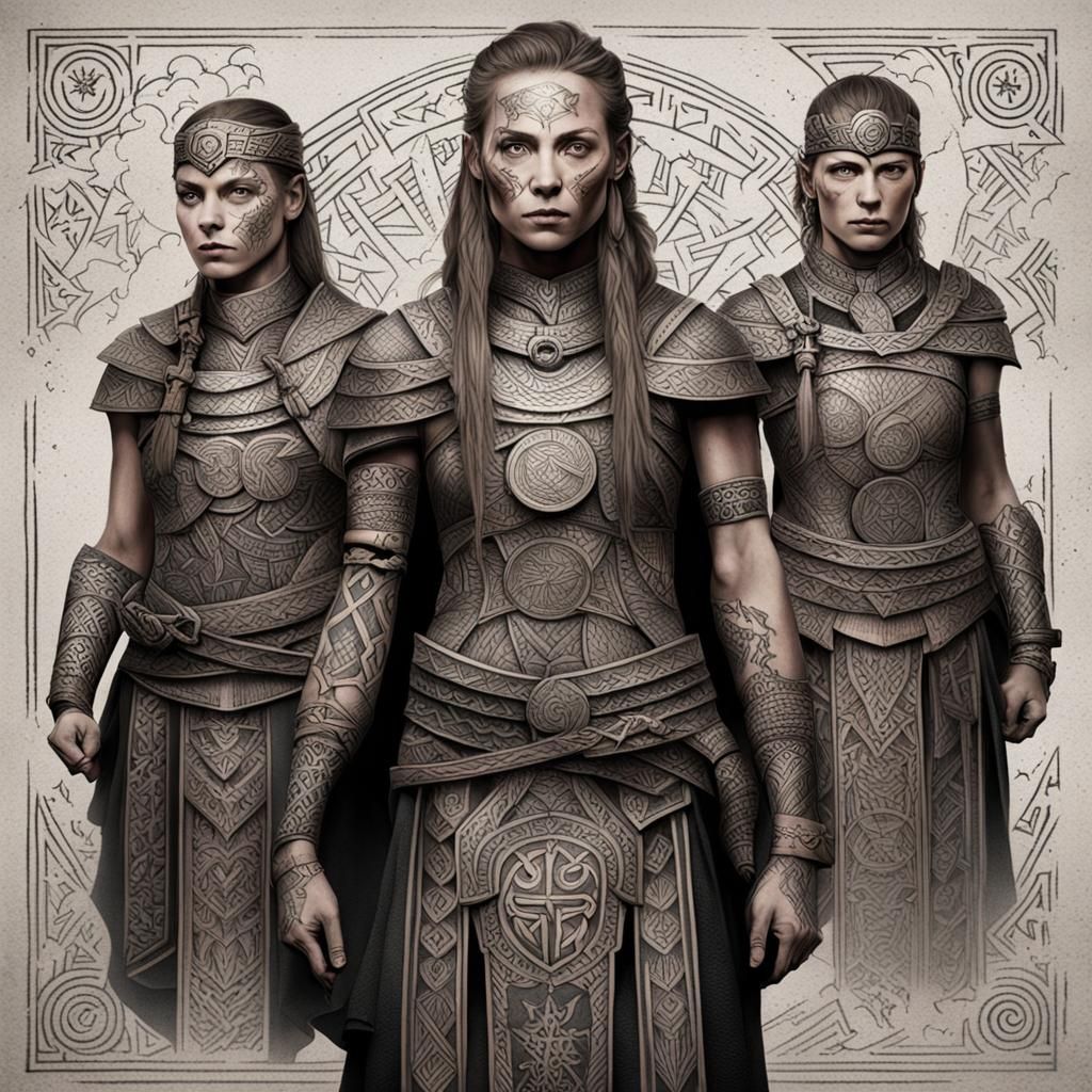 Runic Tattooed Female Warriors: Intricate Detail