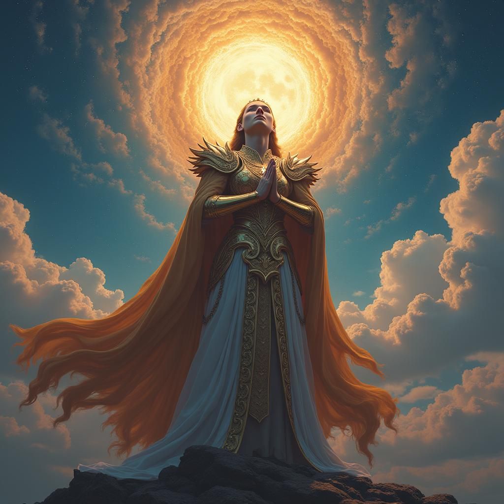 Celestial Figure Worshipping in Heaven: Surreal Digital Art