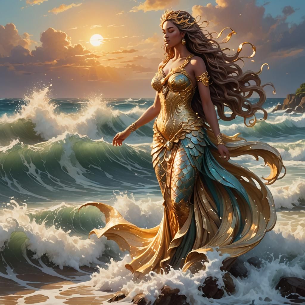 Majestic Sea Goddess on Shore in Digital Painting