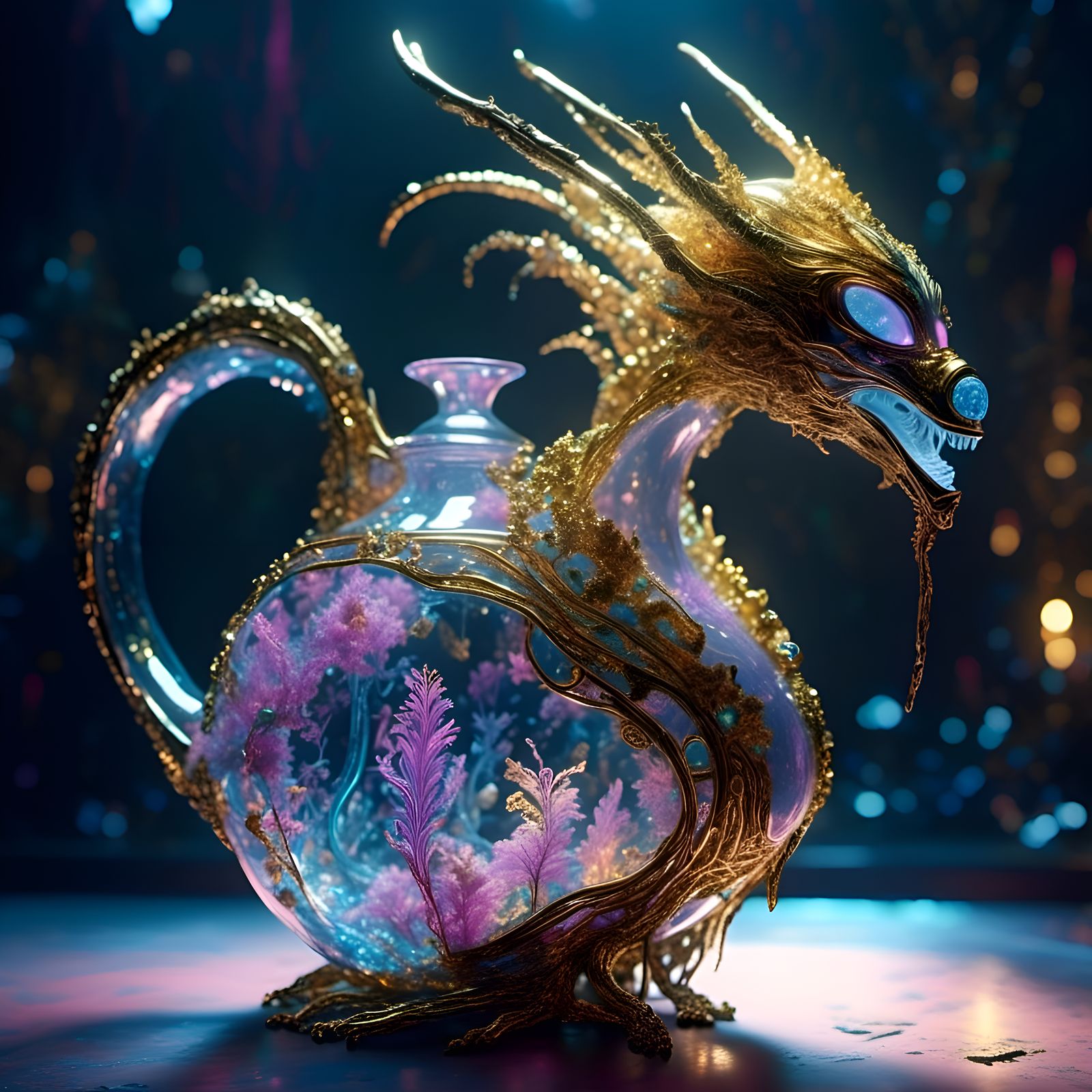 Volumetric Crystal Teapot with Gold Dragon Designs