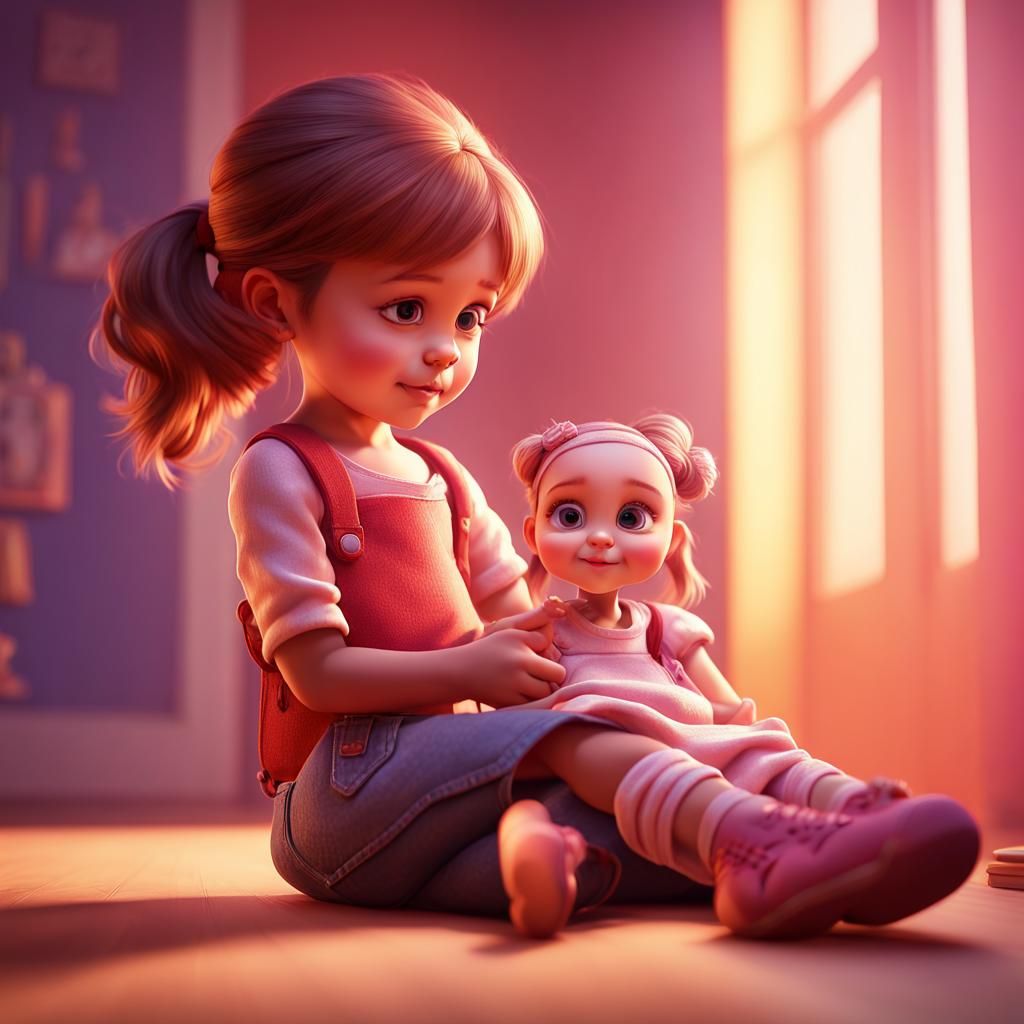 Little Girl with Doll in 3D Digital Art