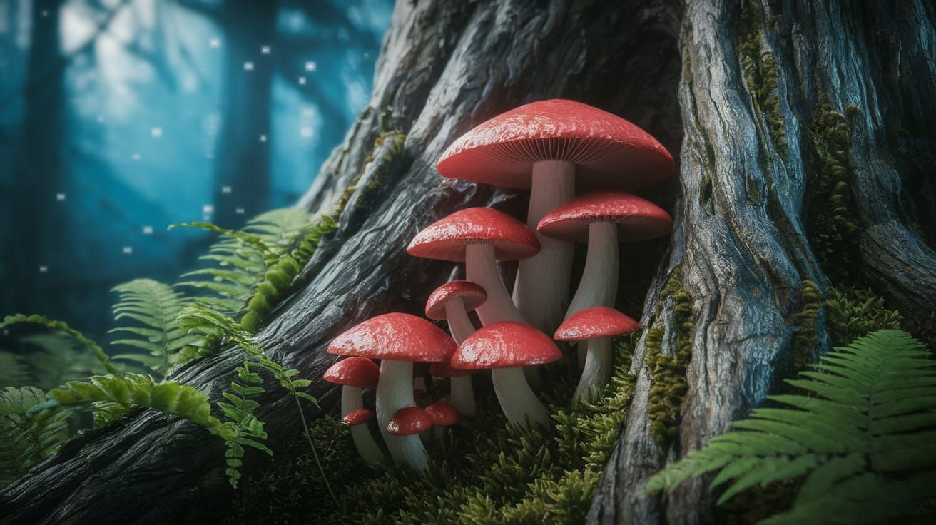 Mystical Red Mushrooms Growing on Ancient Tree