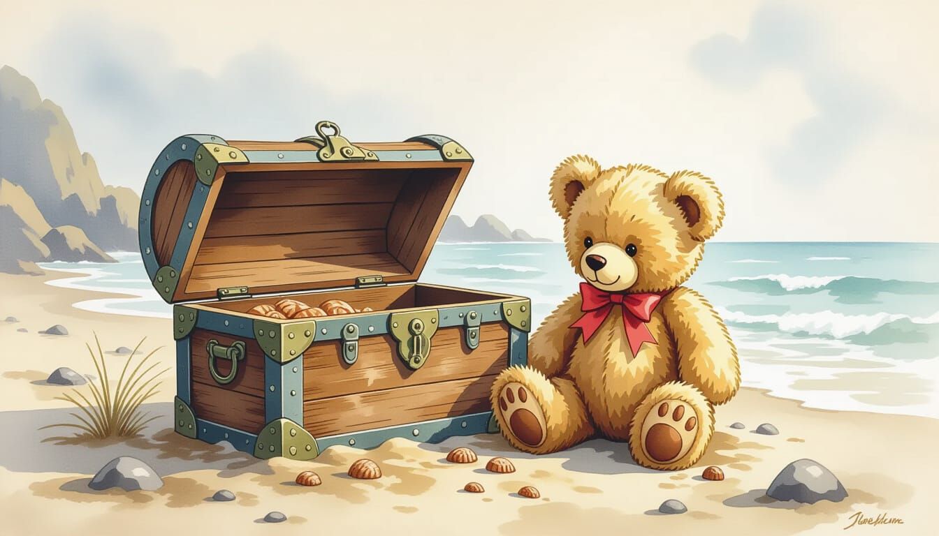 Teddy Bear's Misty Beach Treasure: Vintage Illustration