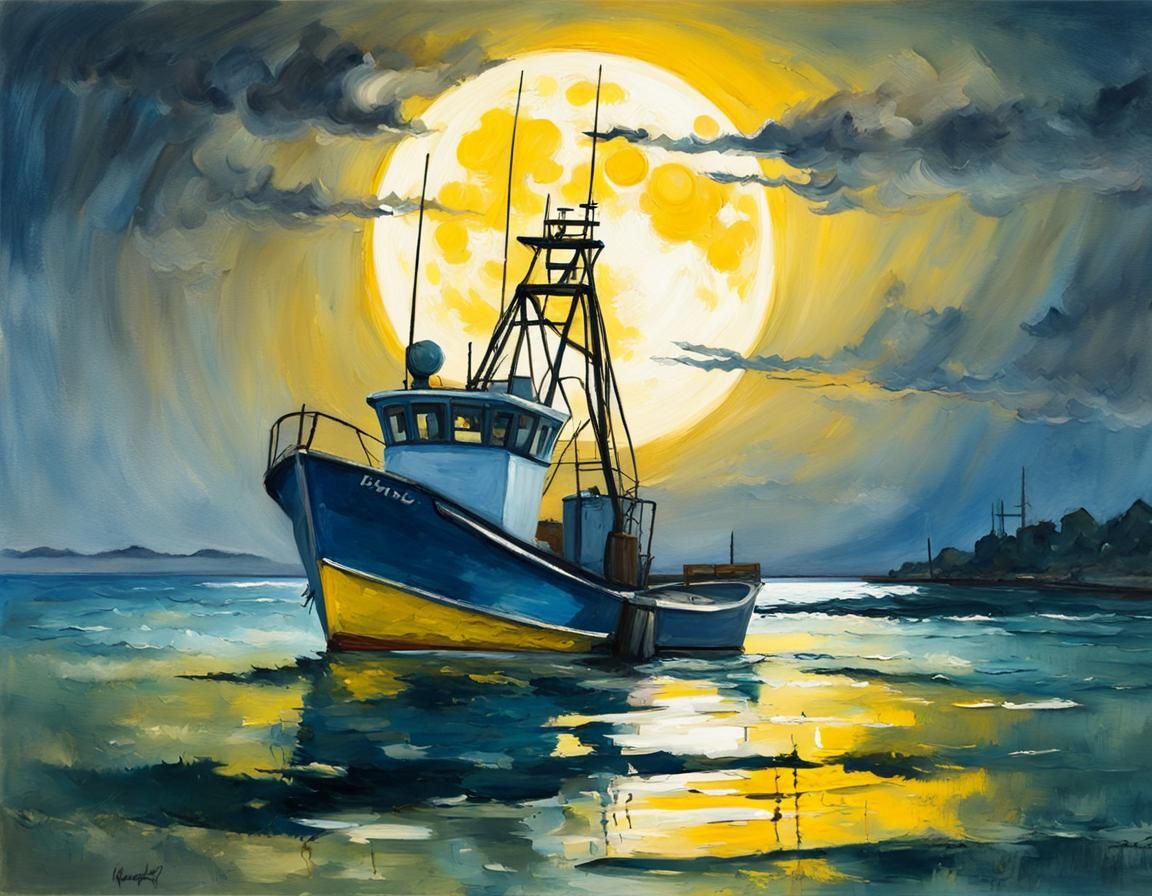 Fishing Boat Under Full Moon Gouache Painting