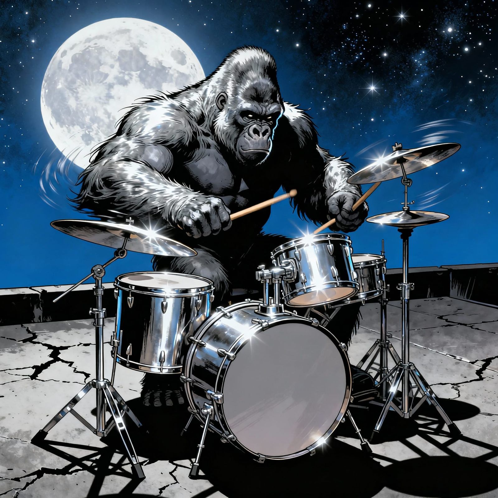 Gorilla Drumming to Heavy Metal Under a Full Moon