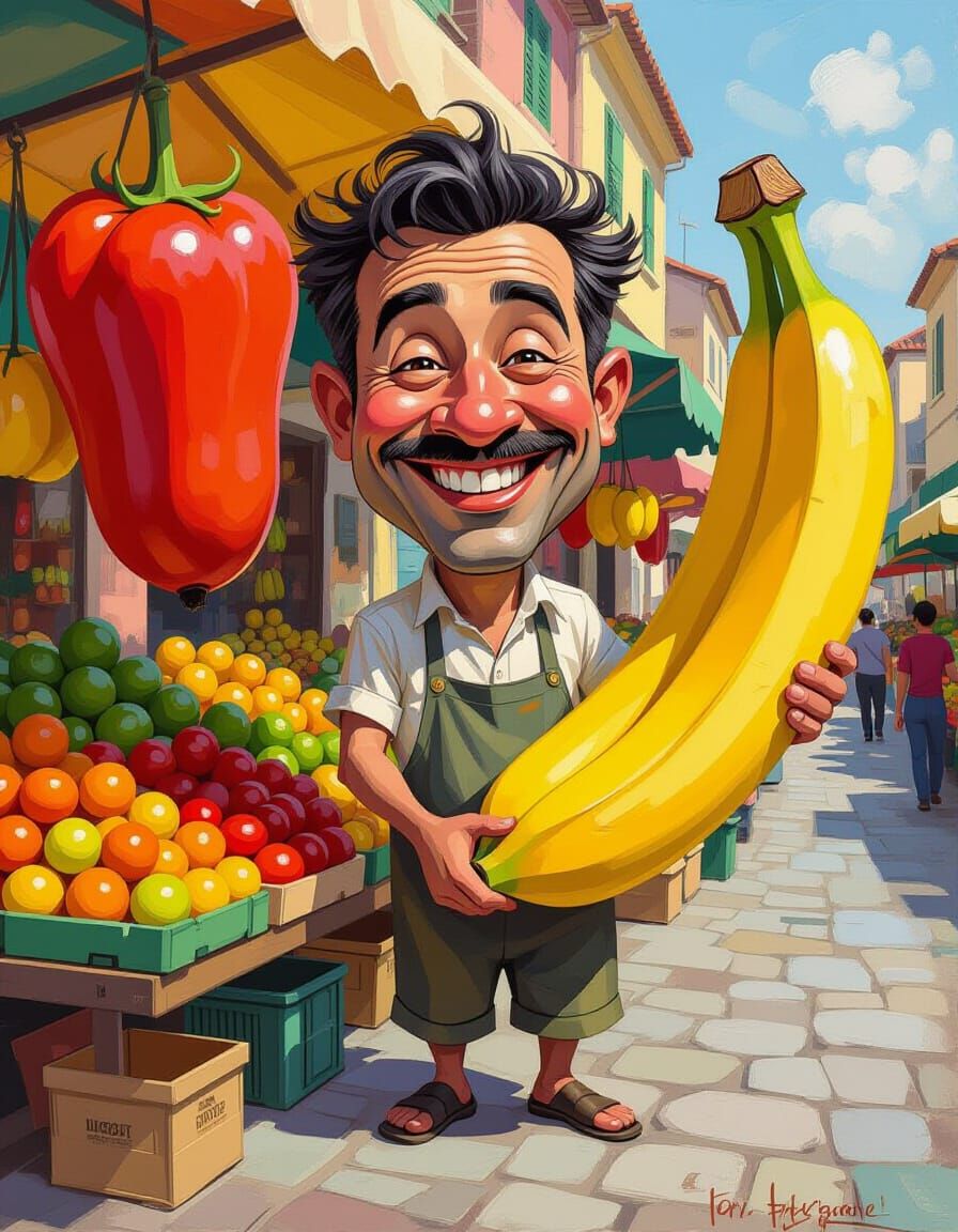 Impressionist Caricature of Produce Vendor with Giant Vegeta...