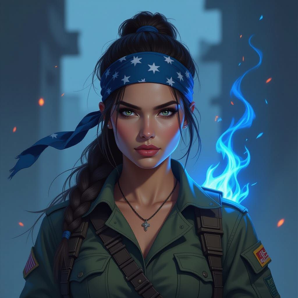 Female Soldier with Blue Flames in Painterly Concept Art Sty...