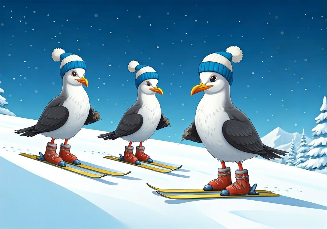 Skiing Seagulls in Winter Wonderland