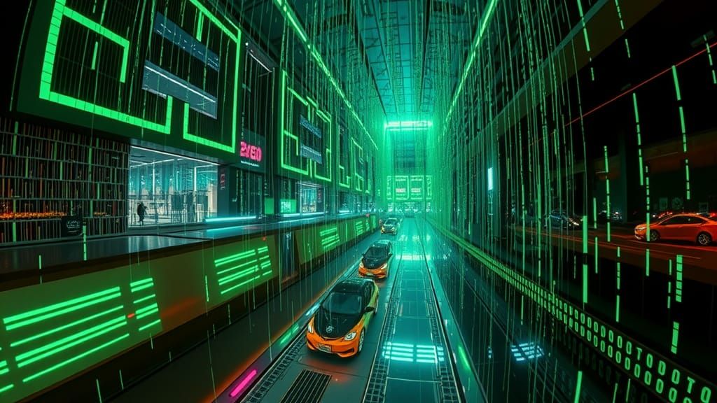 Sci-Fi Matrix Digital Rain in Dystopian City