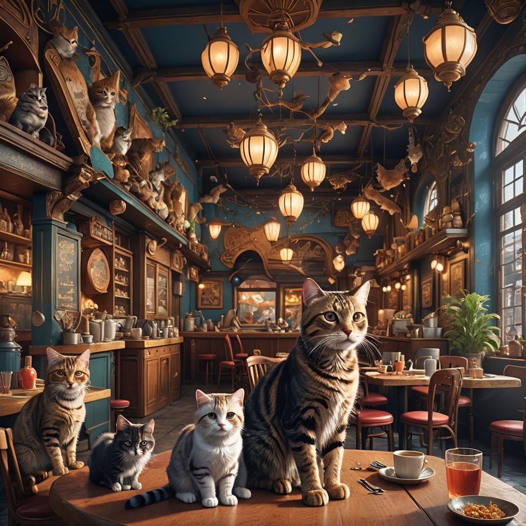 Cats Enjoying Fine Dining in Feline Restaurant