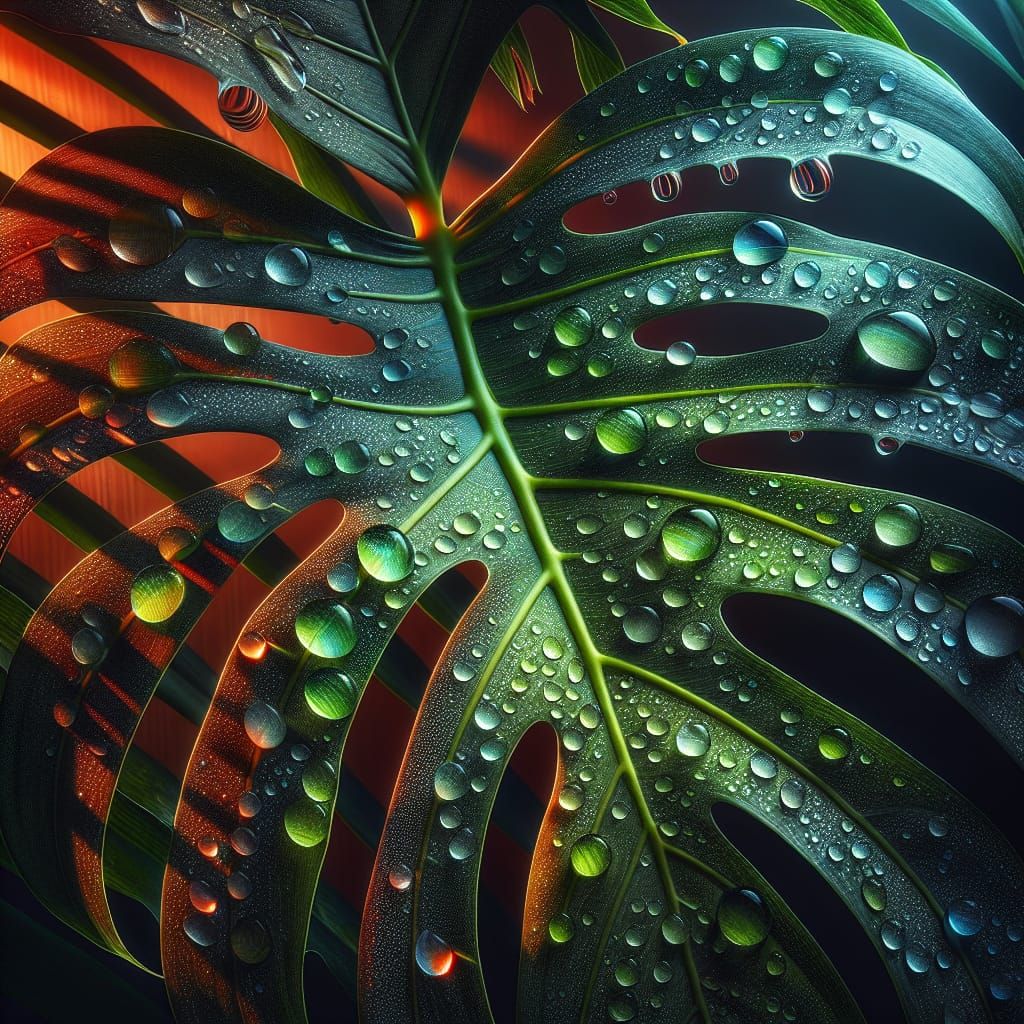Monstera Leaf Macro with Refracting Dewdrops