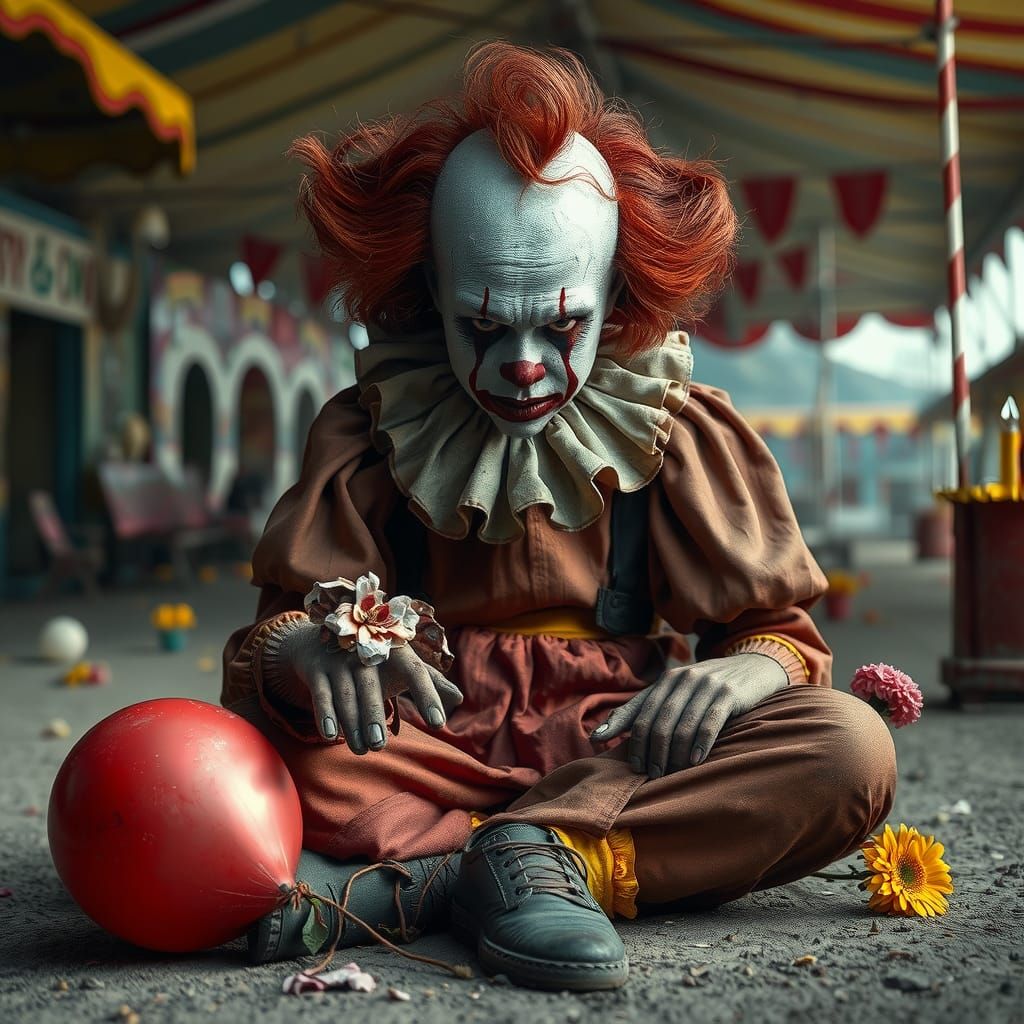 Defeated Clown in Abandoned Carnival, Digital Art