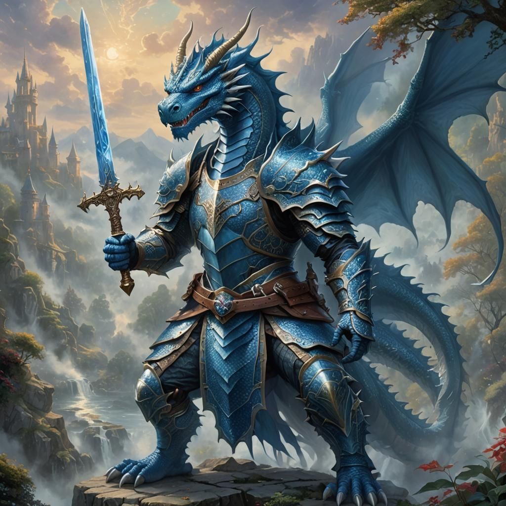 Armored Blue Dragon Warrior in Ethereal Landscape