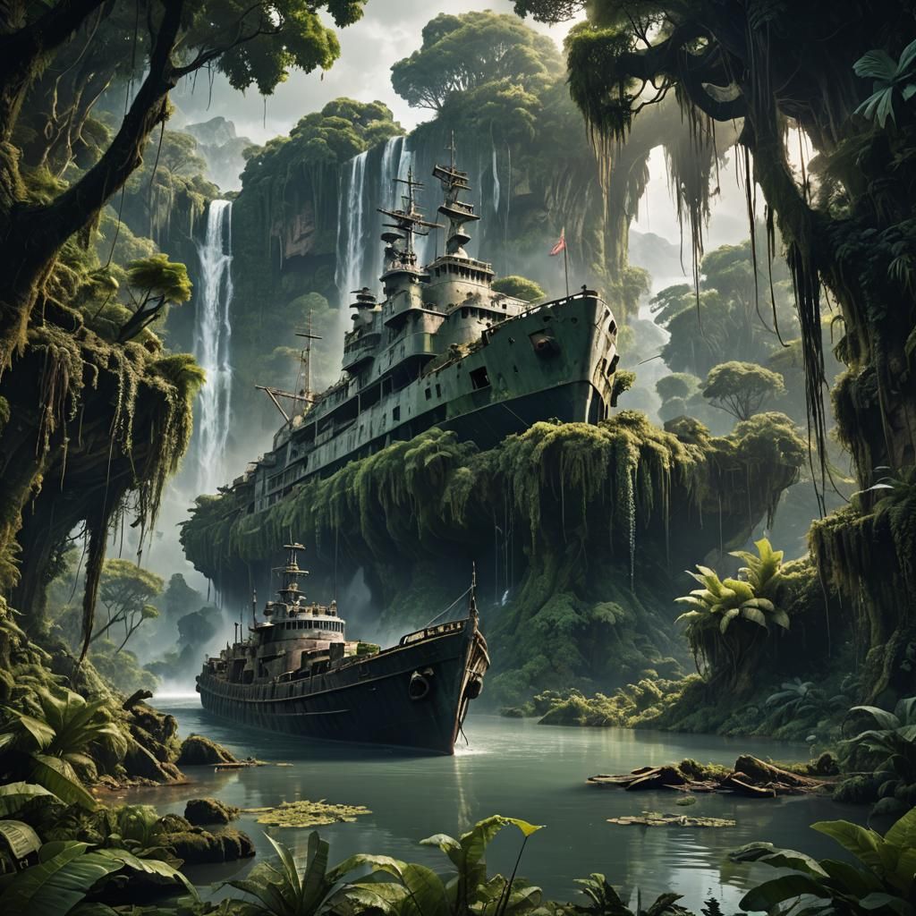 Jungle Overgrown Military Ship by Waterfall: Digital Paintin...