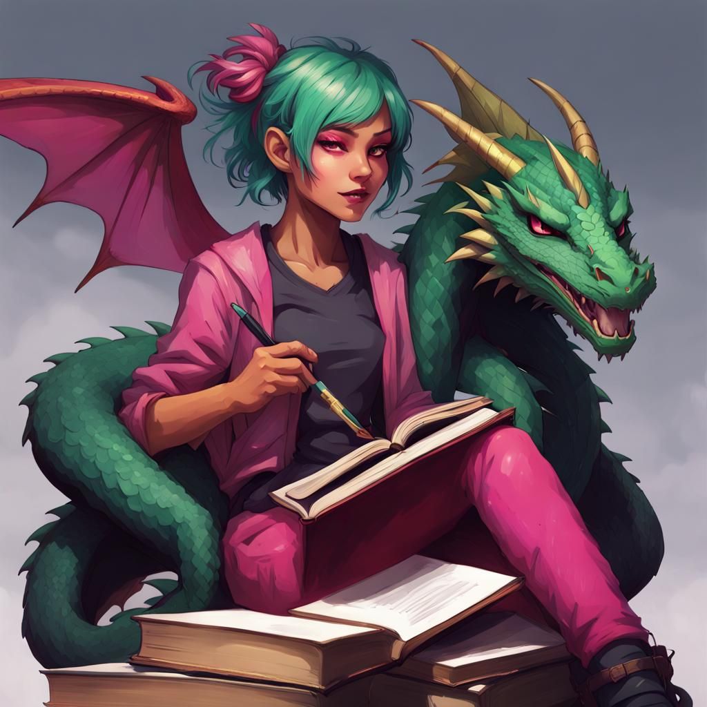 Girl Reading with Dragon: Hyperdetailed Fantasy Art