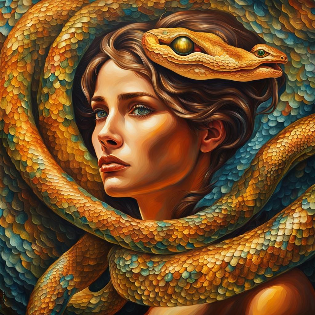 Realistic Portrait of Cobra Woman in Vibrant Oil Painting