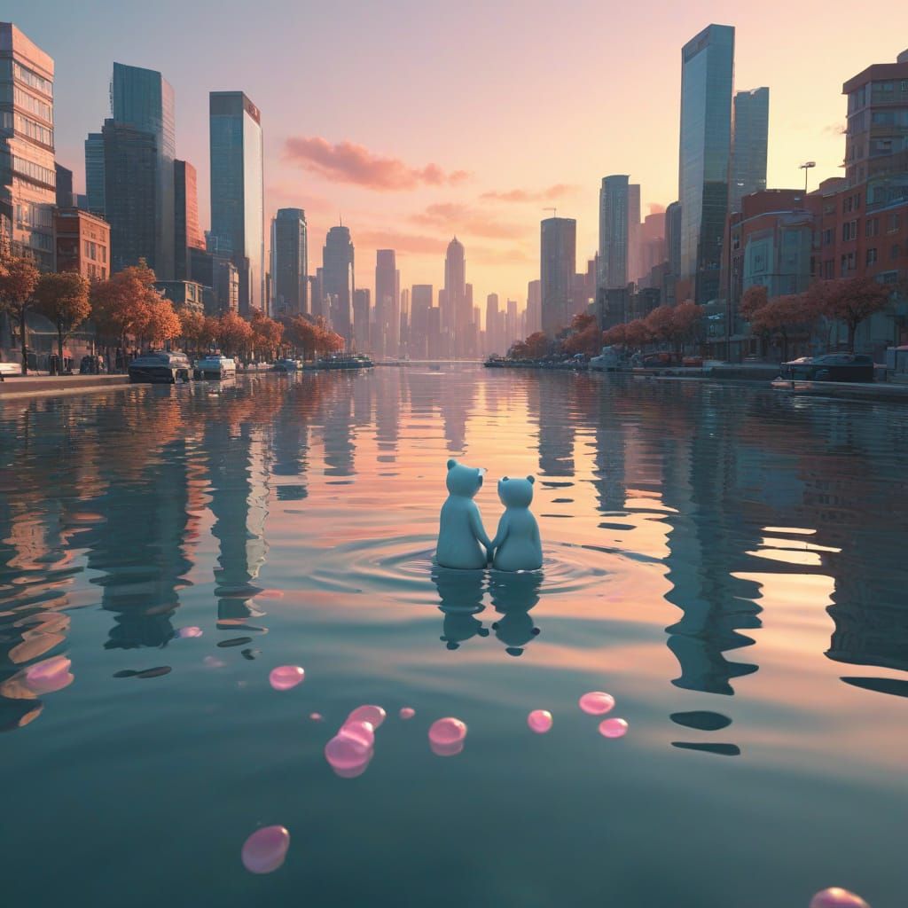 Whimsical Bear-Like Figures Embrace Across Serene Waterway