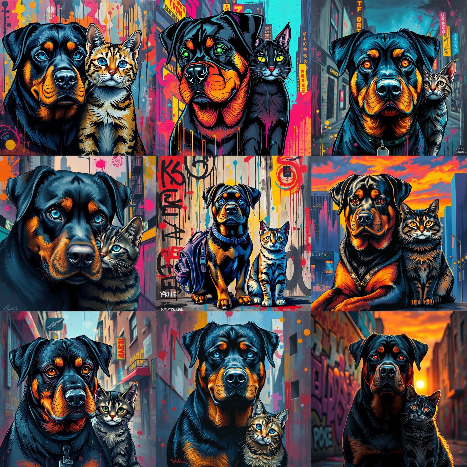 Rottweiler and Cat Friendship in Graffiti Art