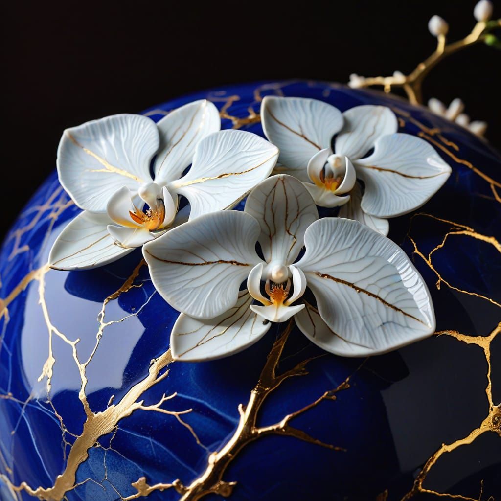 Kintsugi Porcelain Orchid with Gold Veins