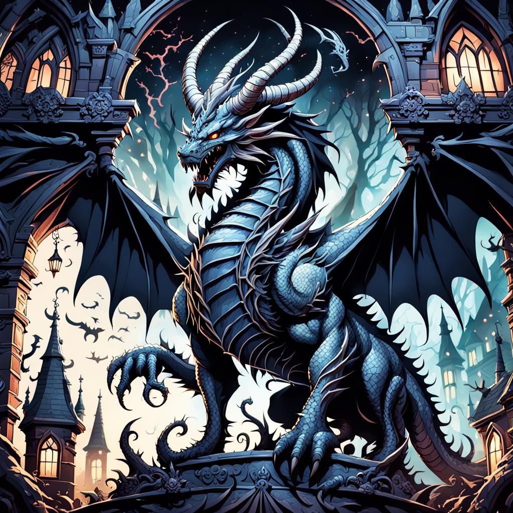 Muscular Dragon in Gothic Cottagecore Comic Style