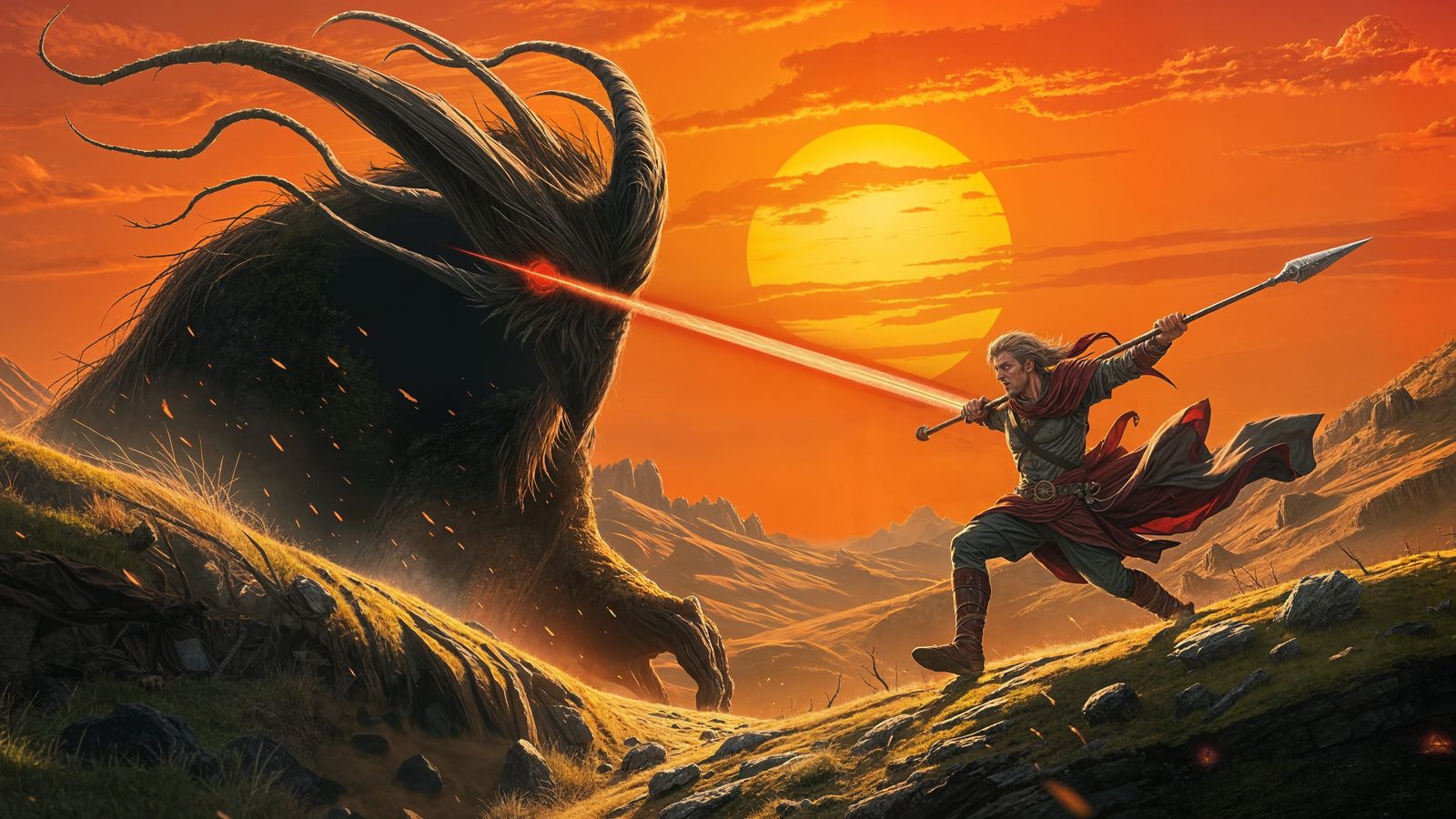 One-eyed Balor, his towering figure shrouded in ominous shadows, unleashes a powerful red beam of light from his solitar...