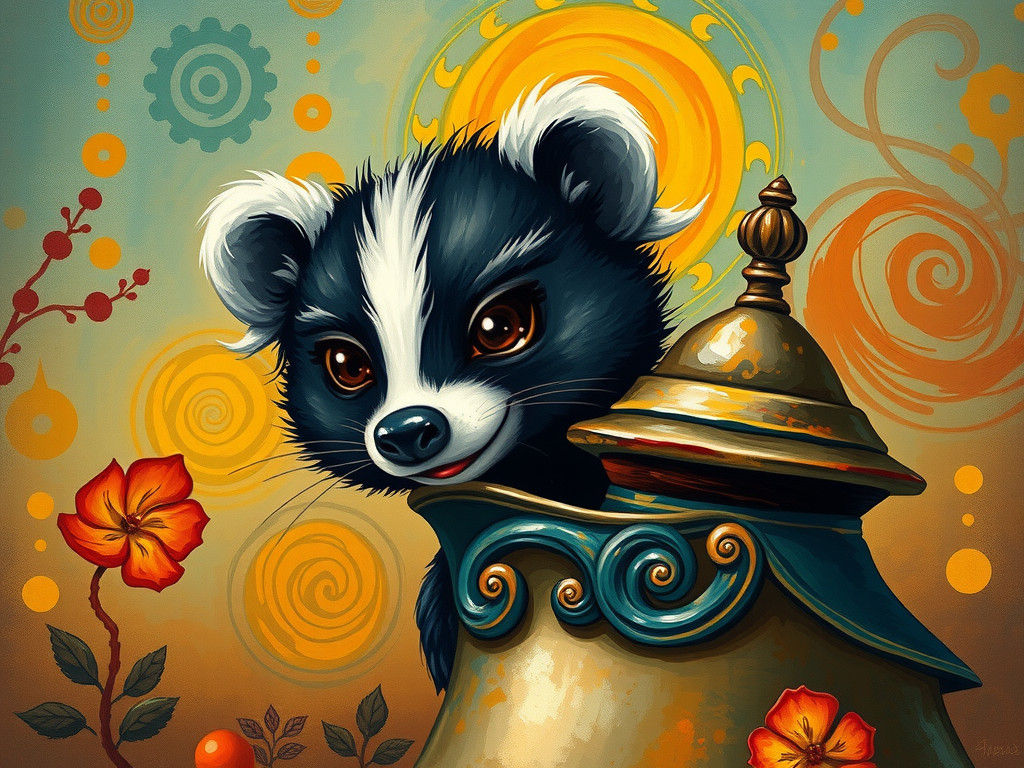 Whimsical Skunk Peeking from Pepper Pot, Impressionist Style