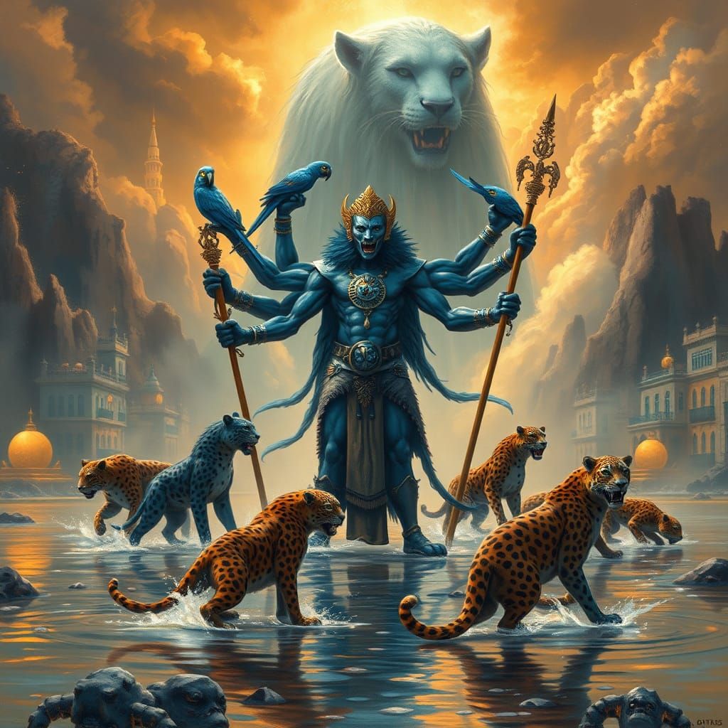 Blue Leopard Shaman in Flooded Cityscape