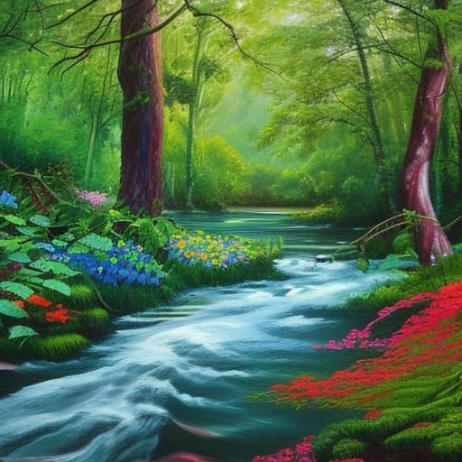 Lush Forest with River, Landscape Painting