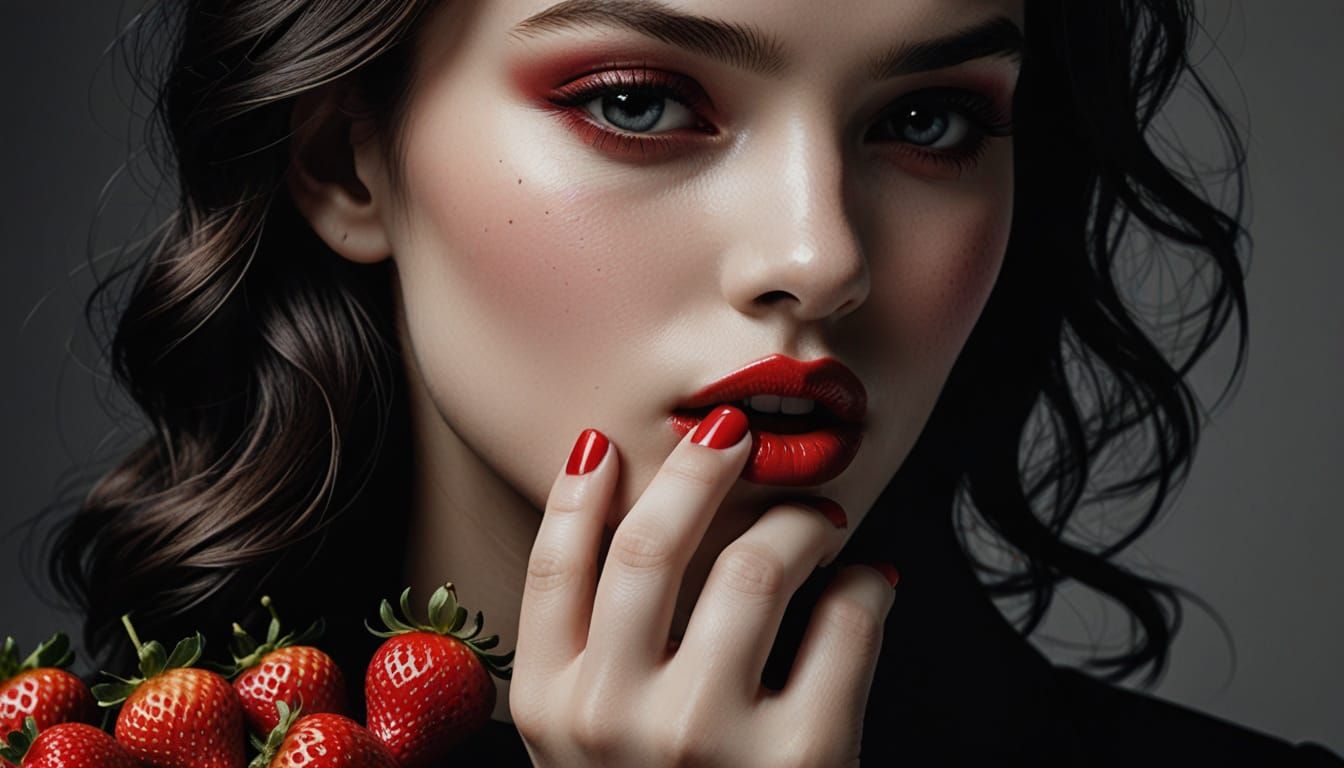 Soft Lips Wrap Around a Plump Strawberry in Moody Beauty Pho...