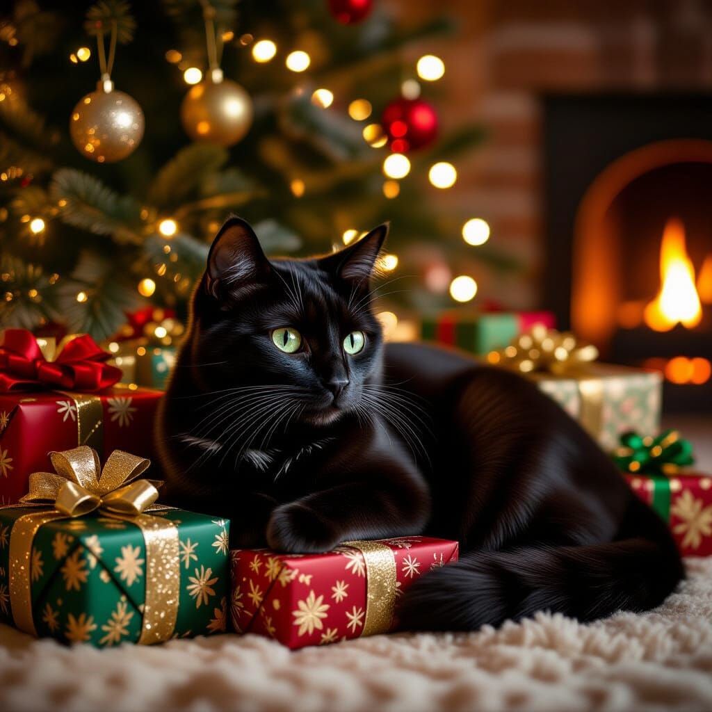 Black Cat with Green Eyes on Christmas Presents