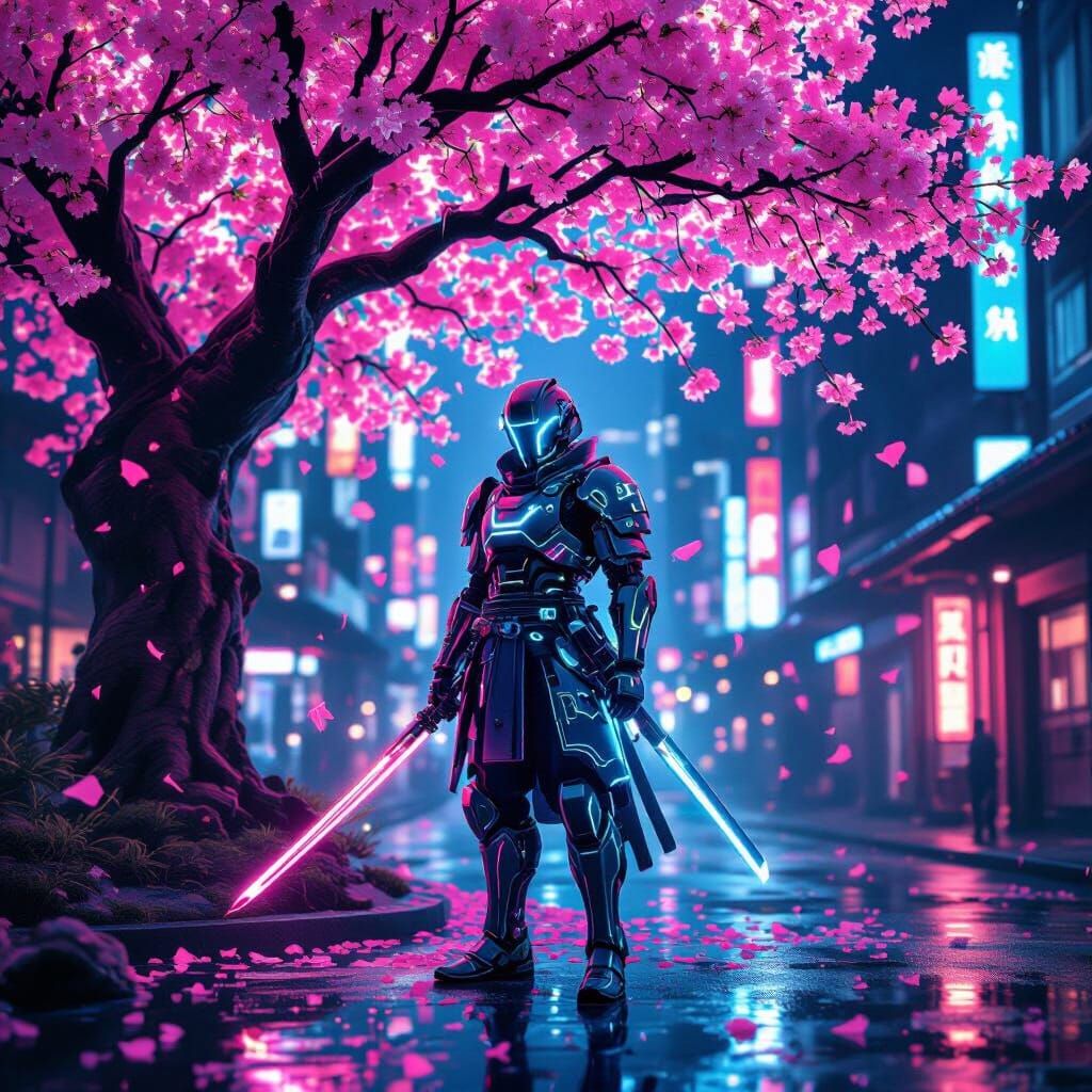 Futuristic Samurai Warrior in Cyberpunk Neon City