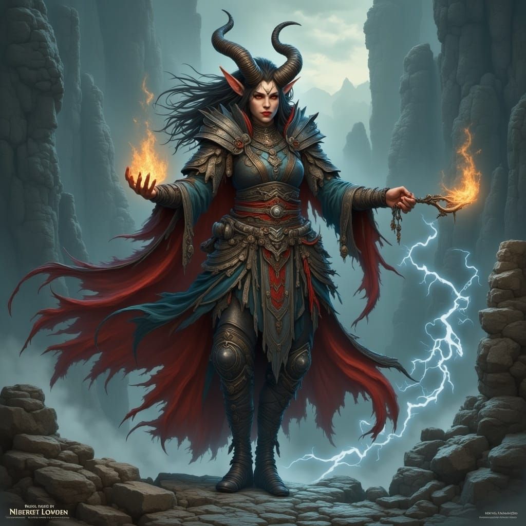 Ethereal Tiefling Sorceress Amidst Faerun's Stormy Peaks