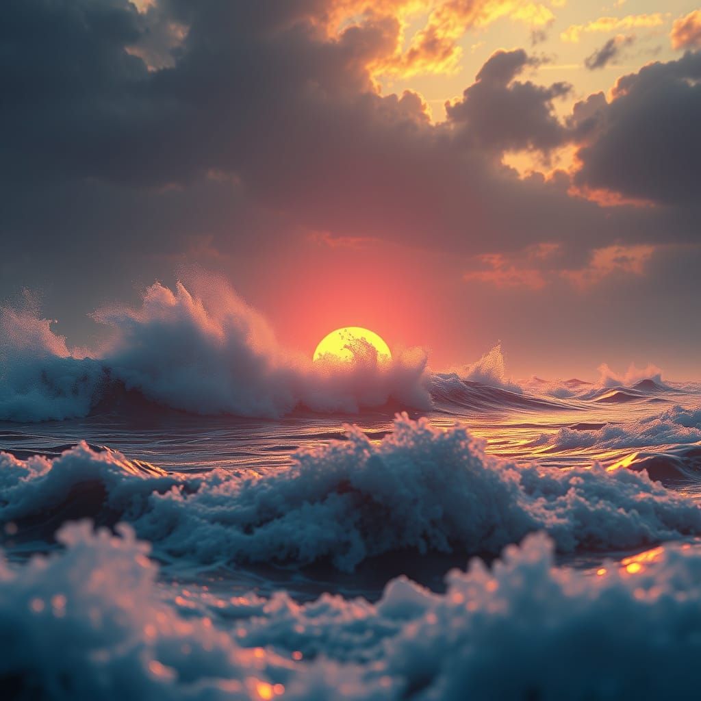 Vibrant Sunrise Over Turbulent Ocean Waves in Dreamlike Atmo...