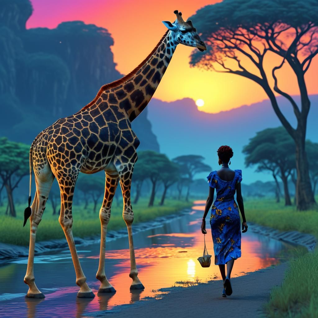 Surreal Twilight Walk: Tall Woman and Giraffe