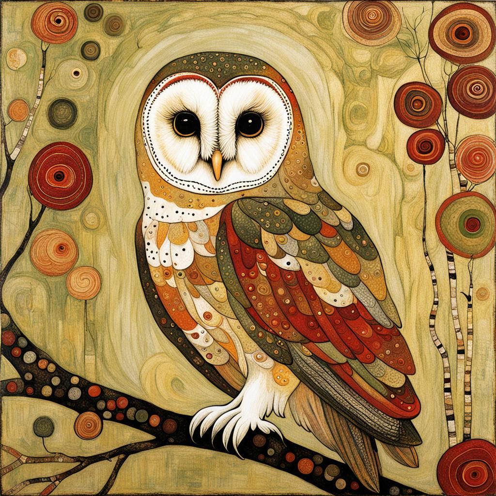Barn Owl in Earth Tones, Klimt-Inspired Painting