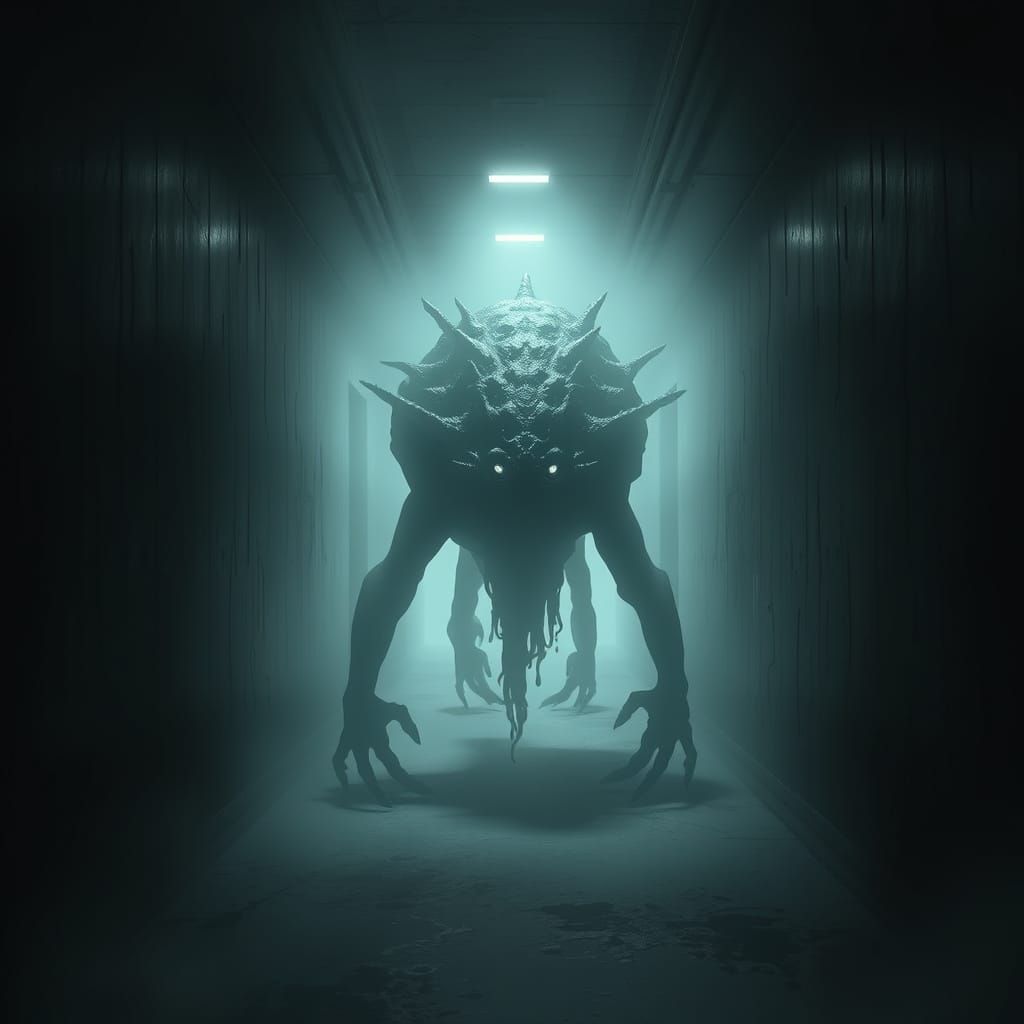 Eerie Black Blob in Foggy Corridor: Dark Fantasy