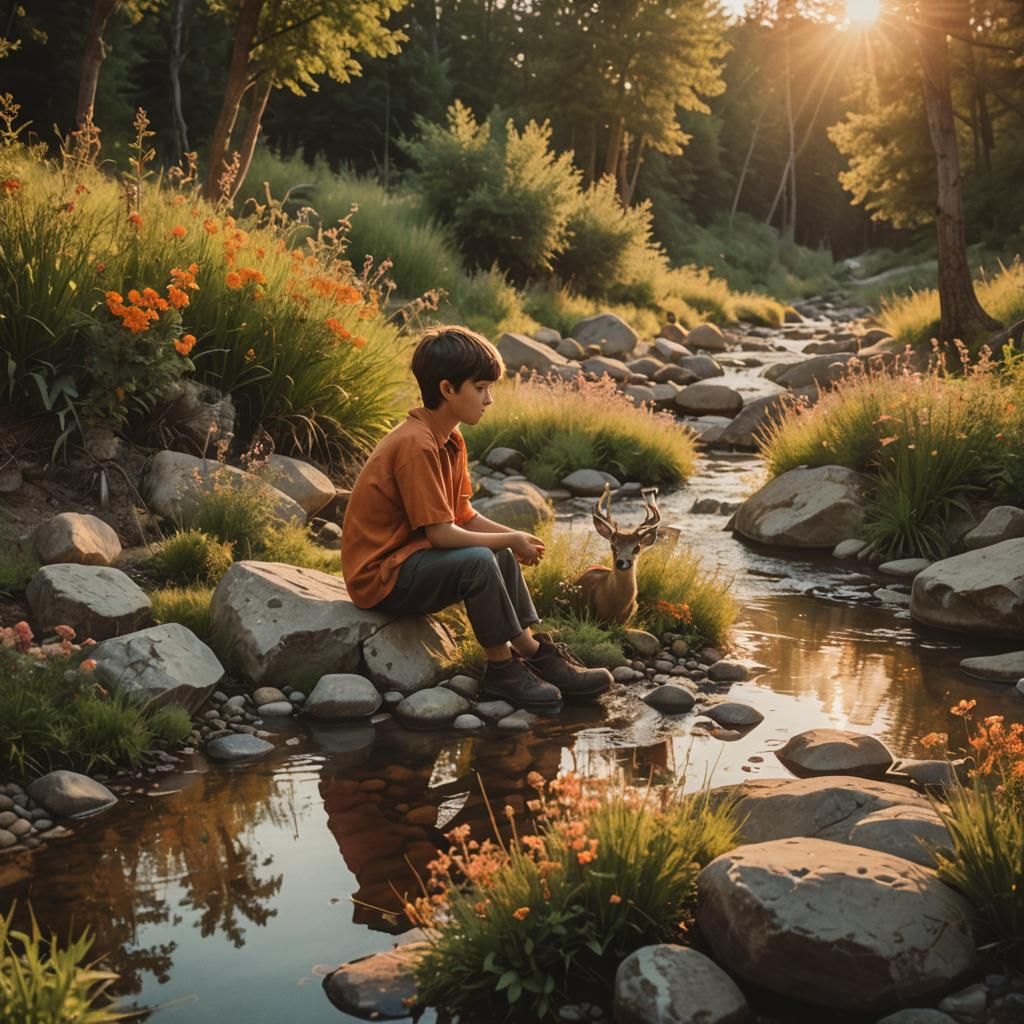 Boy in Summer Sunset Landscape, Cinematic Film Still