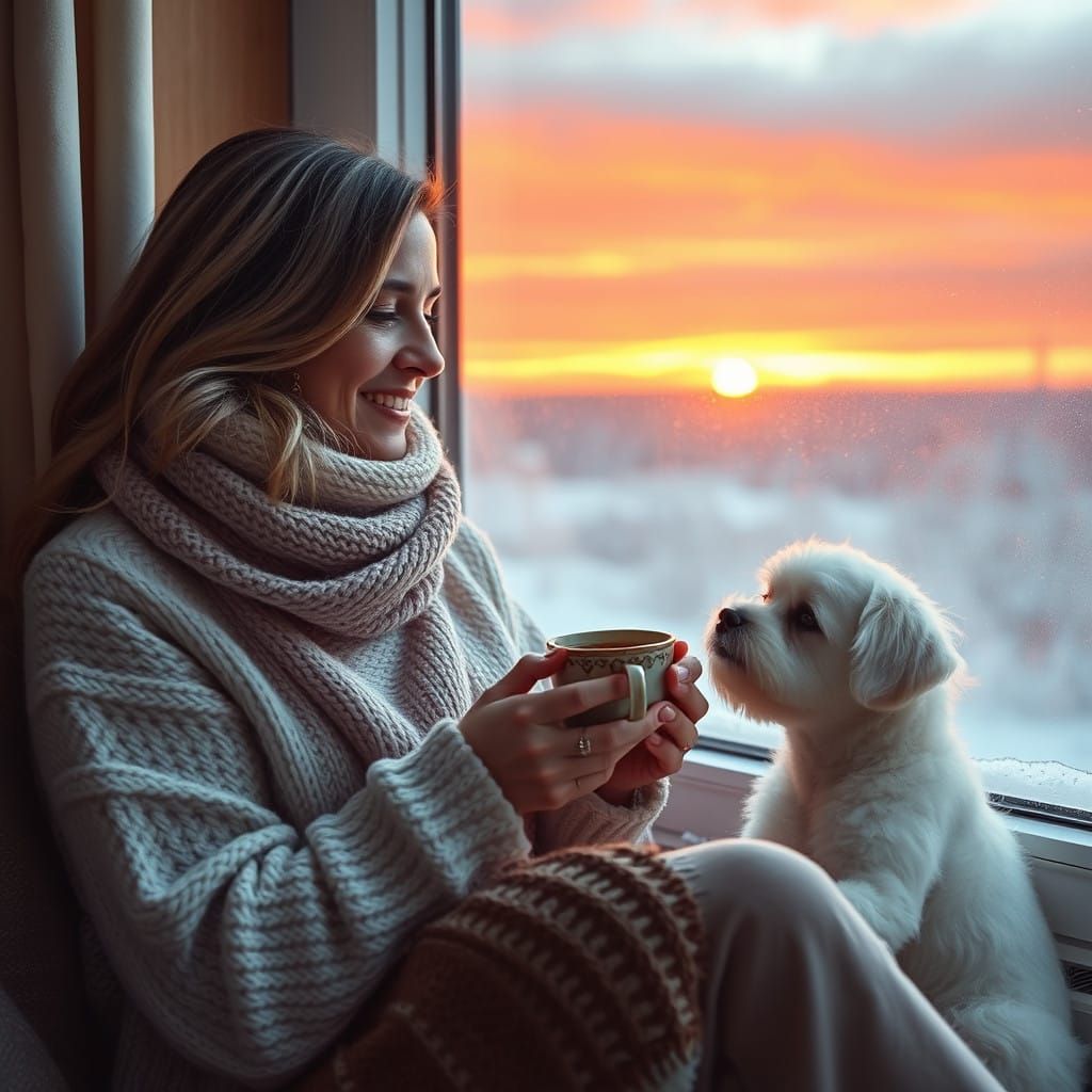Cozy Winter Scene with Woman and Dog, Captured in Hyperreali...