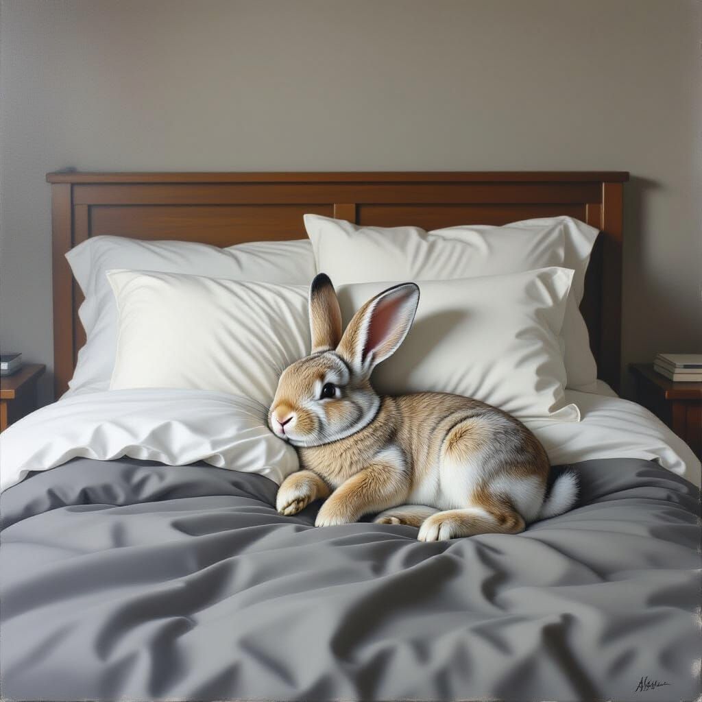 Charcoal Bedroom Scene with Stuffed Rabbit