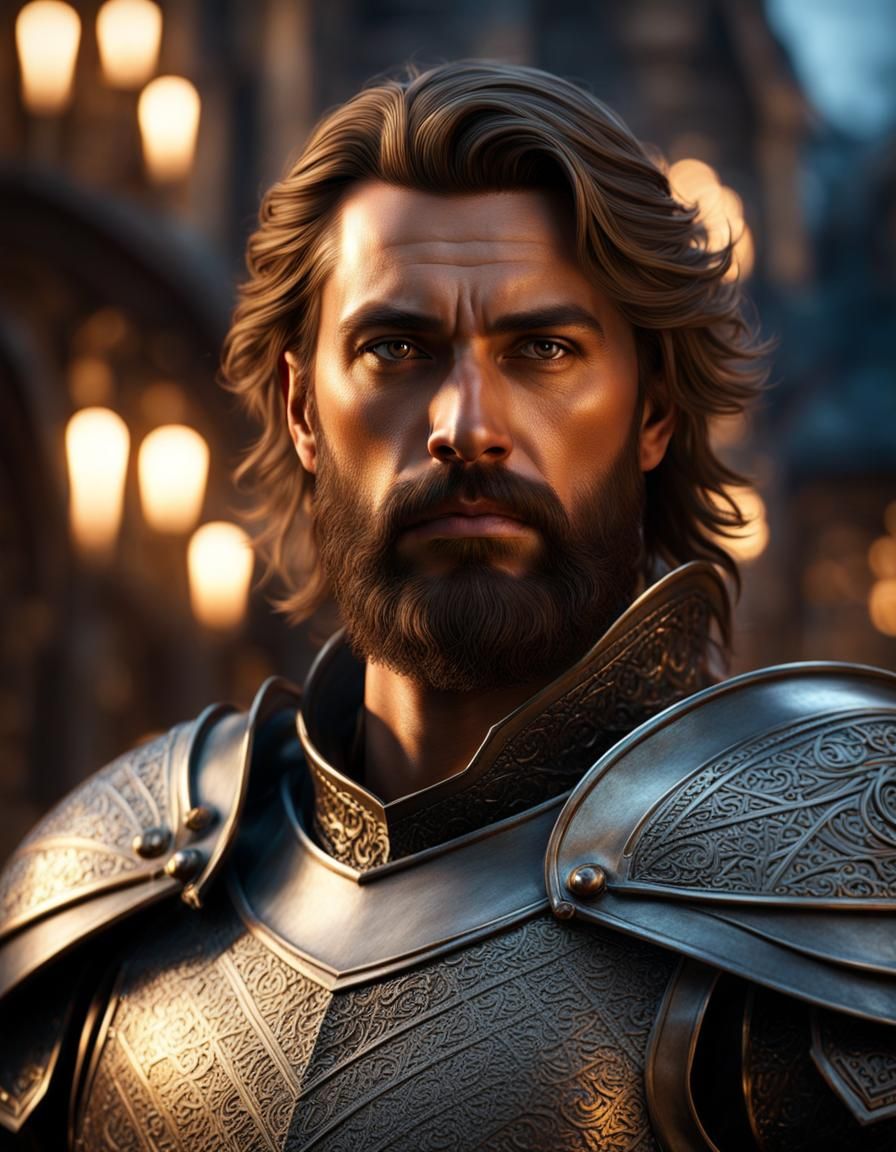 Handsome Knight in Leather Armor with Fantasy City