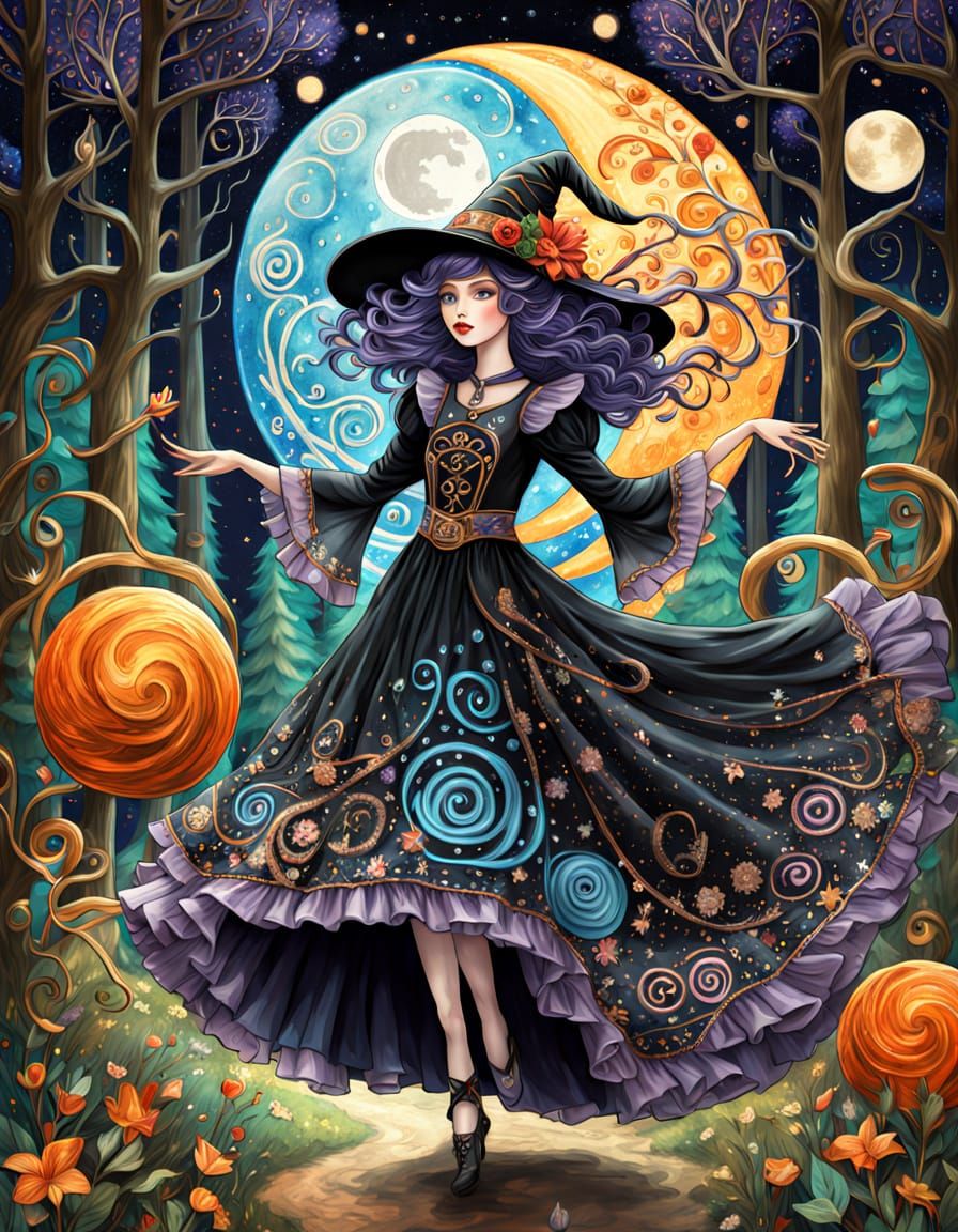 Christmas Witch Dancing in Cosmic Forest